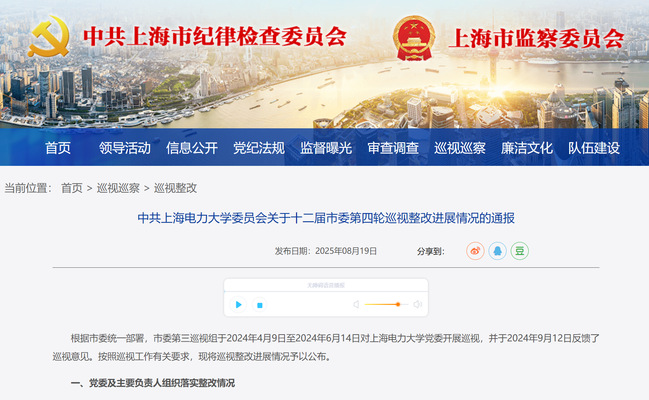中共上海電力大學委員會關于十二屆市委第四輪巡視整改進展情況的通報
